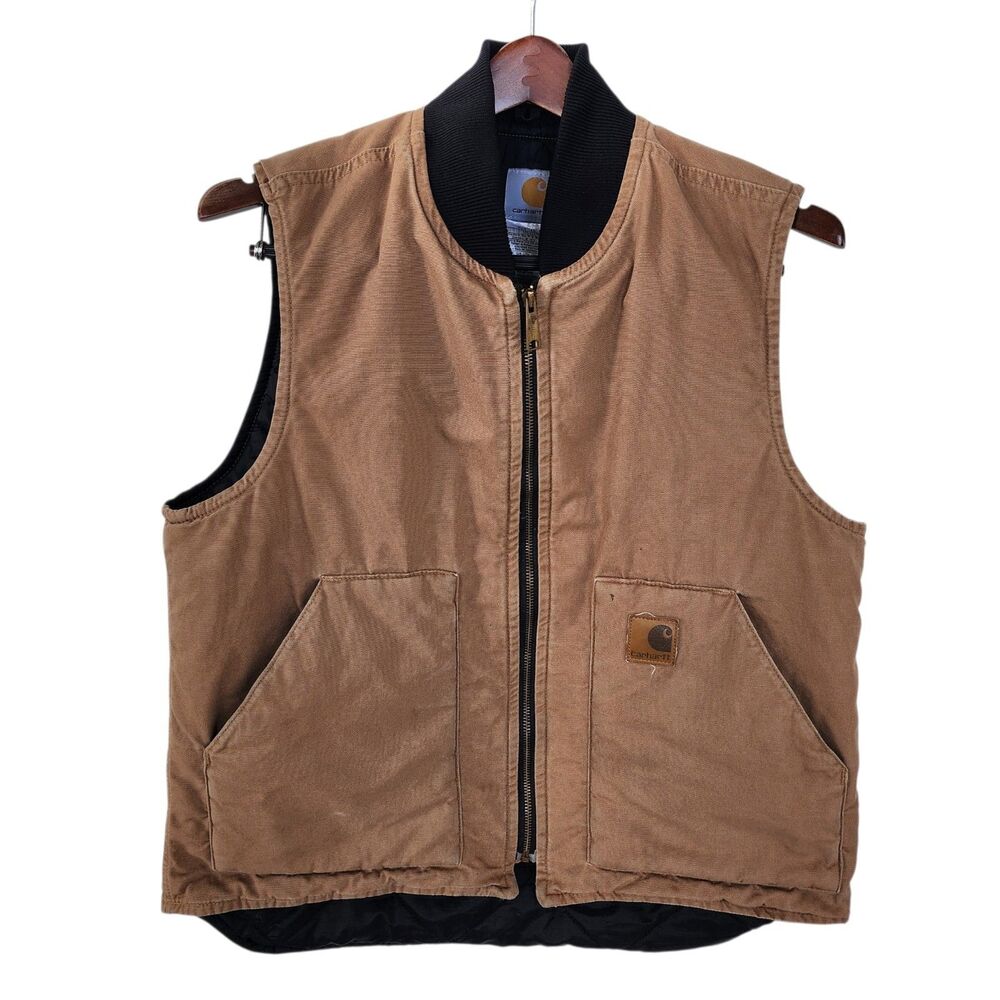 Retro Carhartt V300 Duck Arctic Quilt Lined Vest Buckskin Brown Mens Large Faded